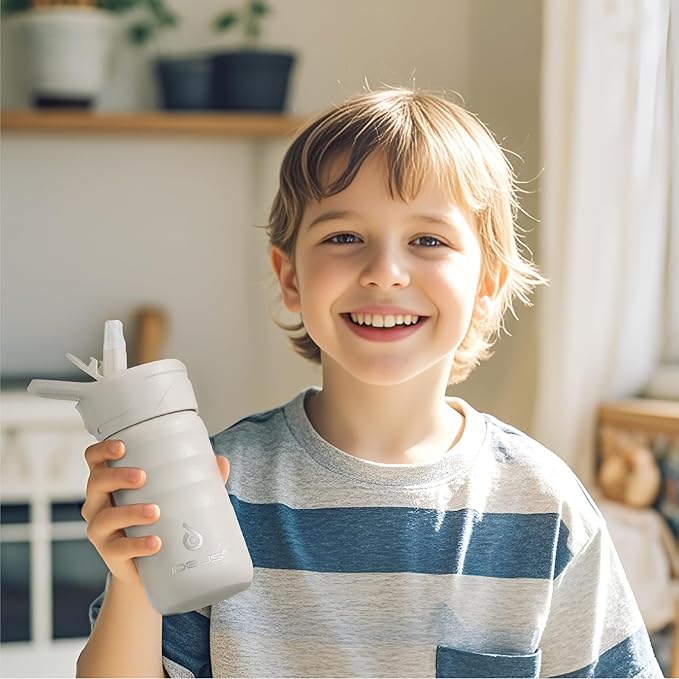 IDEUS Insulated Water Bottle 12oz, Stainless Steel Insulated Water Bottle For School, Insulated Bottles With Straws Leakproof, Vacuum Double Wall Water Bottles For Boys And Girls With 2 Lids, BPA Free