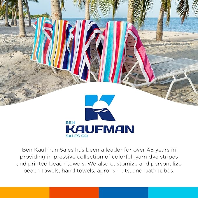 Kaufman - Joey Velour Colored Classic Multi-Color Stripe Beach & Pool Towel - Large 100% Combed Cotton Beach Towel - Soft & Absorbent Colorful Towels - 30" x 60" (2-Pack)
