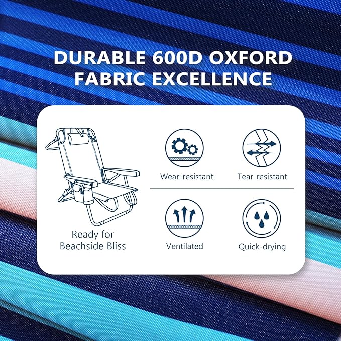 5-Position Aluminum Lay Flat Backpack Beach Chair, Compact Portable Low Beach Chairs for Adults with Cooler Pouch, Storage Pouch, Towel Bar, Cup Holder & Phone Holder, Blue Stripe