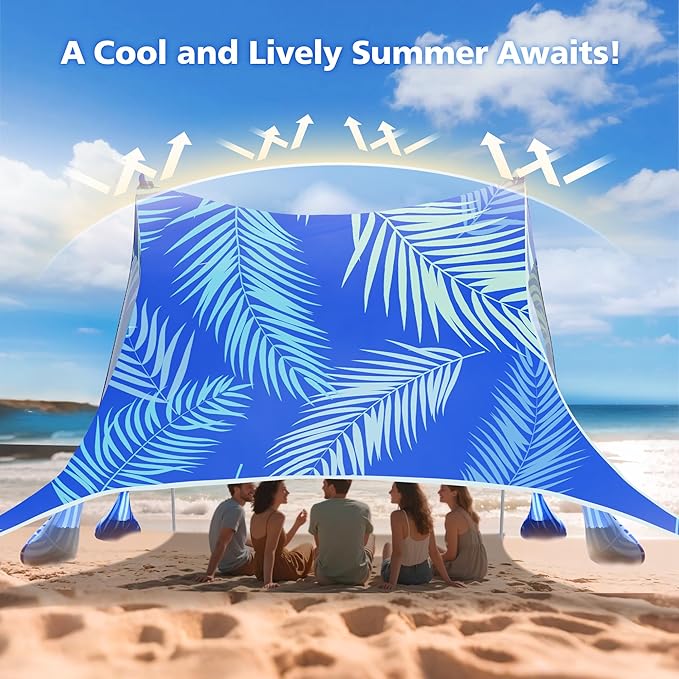 2PM SPORTS Beach Tent Canopy with UPF50+ UV Protection, Outdoor Large Beach Sun Shade Shelter for Family Picnic Camping Travel Shore Fishing, 8 Sandbags, Sand Shovel (Areca Palm, 10x10 FT)