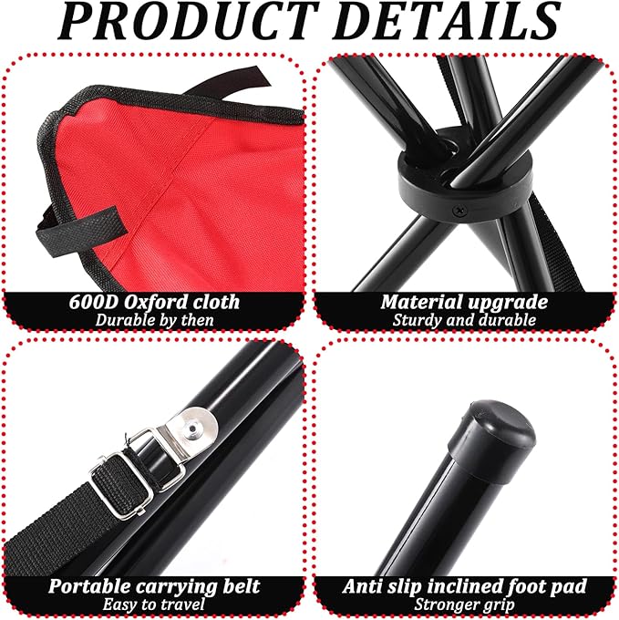 Travel Folding Camping Stool, 17.7 Inch Outdoor Tripod Seat Portable Fishing Chair Sturdy Three Legged Stool with Carry Strap for Camping Party Hiking Golf Mountaineering Picnic Beach, Red