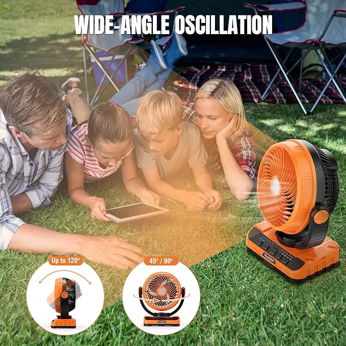 Raddy CF5 Oscillating Camping Fan with Remote, 40,000mAh Rechargeable Battery, Quiet Portable Fan with LED Light, USB-C, 5 Speeds, Hanging Hook for Tent, RV, Outdoor & Emergency Use