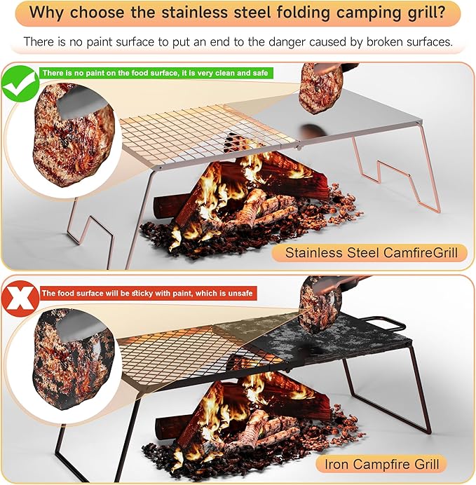 Folding Campfire Grill, 23.6" Heavy Duty Stainless Steel Grill, Grates Over Fire Pit, Portable Outdoor BBQ Camping Grill