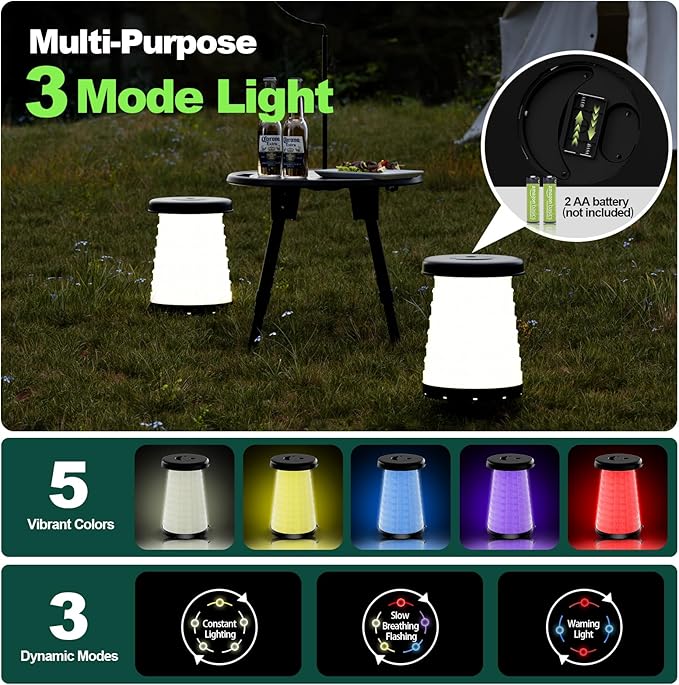 LED Light Up Camping Stool - 450lbs Weight Capacity & Adjustable Height (10 Levels), Compact Folding Chair Stool for Fishing, Hiking, Stadium, Outdoor Events
