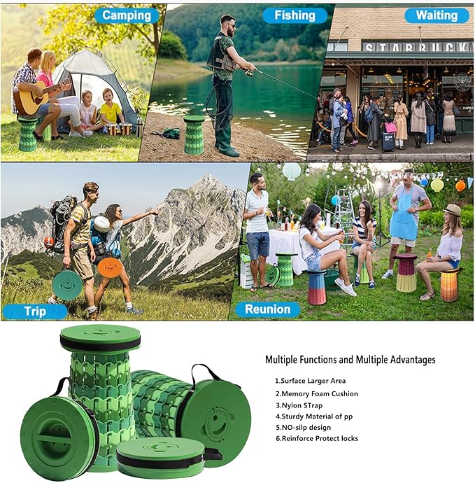 ALEVMOOM Upgraded 19.7" Portable Collapsible Folding Stool Retractable Telescoping Foldable Stool for Adults Heavy Duty Camping Sturdy with Max Load Capacity 1000lbs for Outdoor Fishing Hiking BBQ