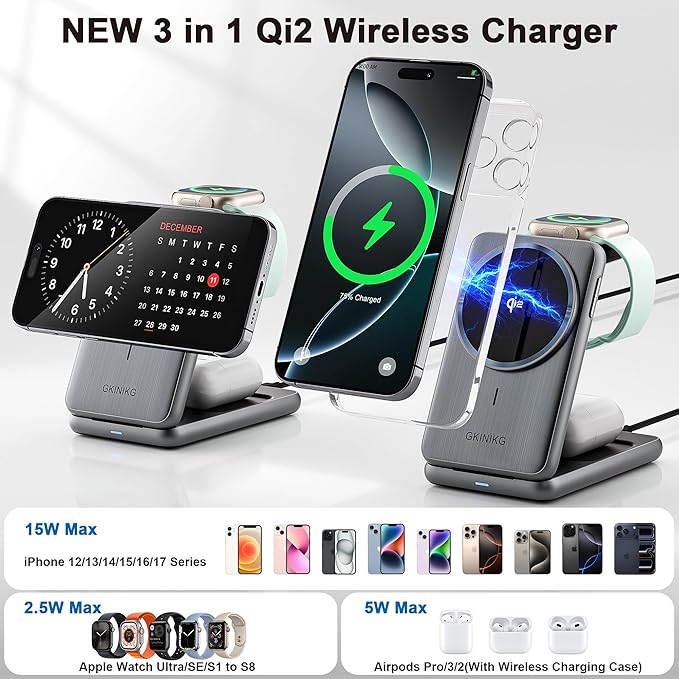 3 in 1 Charging Station, Compatible with MagSafe Charger, Qi2 Certified 15W Foldable & Travel Magnetic Wireless Charger for iPhone 17/16/15/14/13/12, Apple Watch,AirPods (20W Adapter)