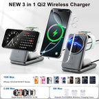 3 in 1 Charging Station, Compatible with MagSafe Charger, Qi2 Certified 15W Foldable & Travel Magnetic Wireless Charger for iPhone 17/16/15/14/13/12, Apple Watch,AirPods (20W Adapter)