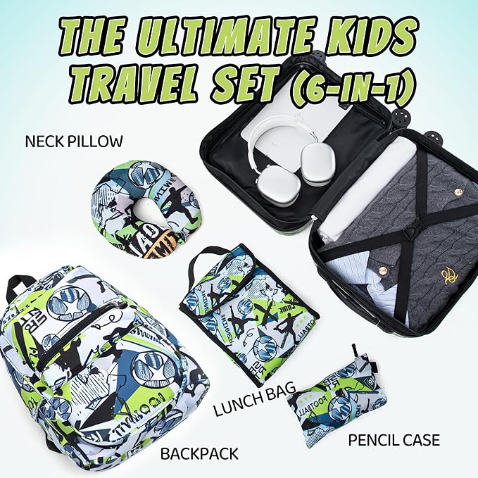 Rosamo Kid’s Luggage Set 6 Piece Suitcase Set 16" Hardside Luggage with Spinner Wheels Girls Boys Carry on Luggage Travel Rolling Luggage Airline Approved (Soccer)