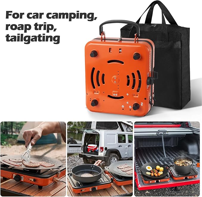 Odoland Portable 2 Burner Camping Stove Propane 17000 BTU/h Gas Stove Collapsible Backpacking Stove for Indoor Outdoor Cooking Hiking and Picnic