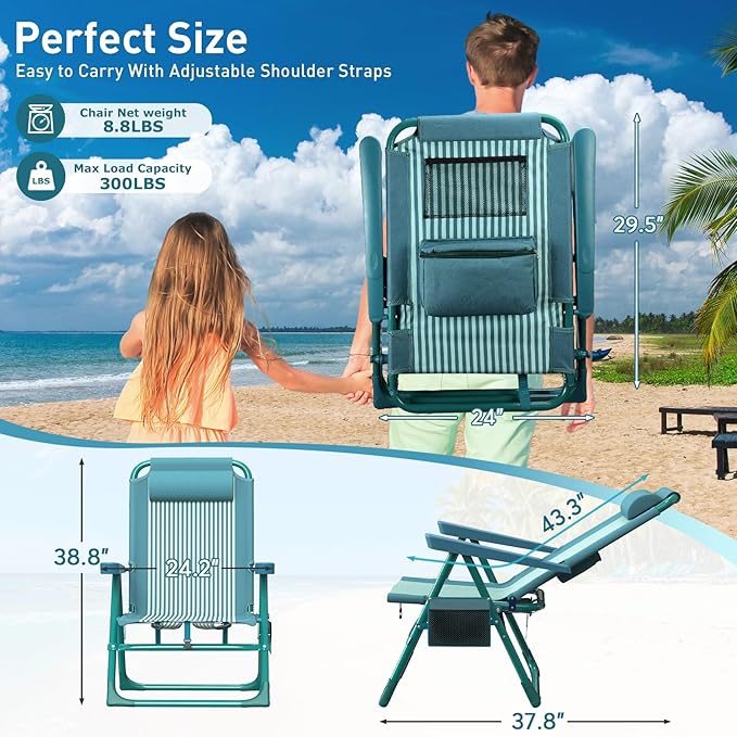 Suteck Backpack Beach Chair for Adults - 6-Position Folding Reclining Chair with Cooler Bag & Cup Holder, Lightweight Portable Beach Chair for Camping, Outdoor, Sand, Travel Use