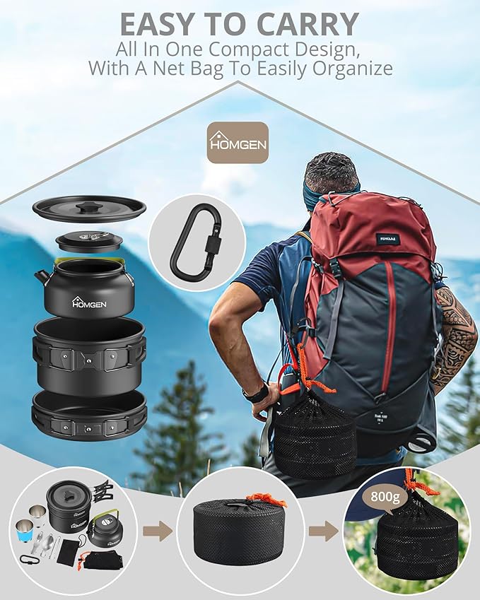 HOMGEN 12-Pieces Ultralight Anodized Aluminum Camping Cookware Set for 2 People - Nesting Pot/Pan with Foldable Handles 800ml Insulated Teapot & Stainless Cups for Camping Hiking