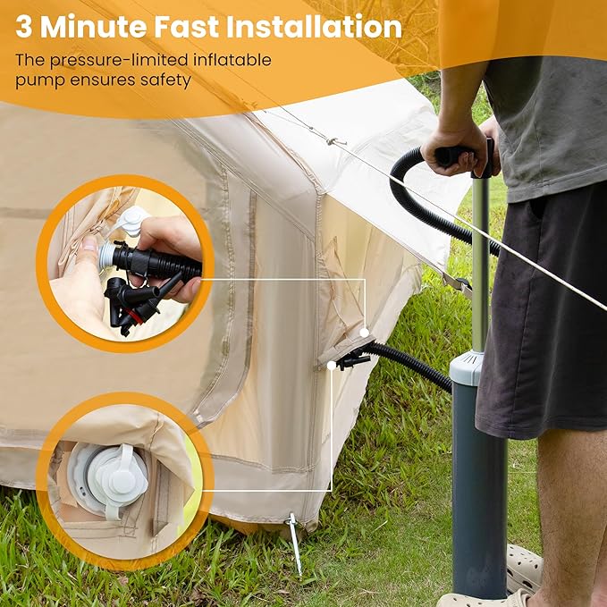 Outdoor Inflatable Camping Tent, 2/4/6/Person Glamping Inflatable Tents for Camping, Three Minutes Setup Tents,Beige Canvas with Mosquito-Proof Mesh Windows