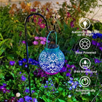Outdoor Solar Hanging Lantern Lights Metal LED Decorative Lamp for Garden Patio Courtyard Lawn and Table with Hollowed-Out Design (Royal Purple)