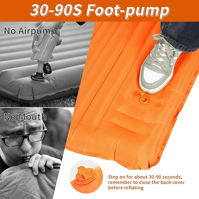 40D Self-Inflating Camping Pad, Insulated Ultralight Sleeping Mat for Backpacking, Winter Camping, 2-Layer Anti-Leak Design w/Built-in Pillow, Foot Pump Foldable Pad, Orange Red
