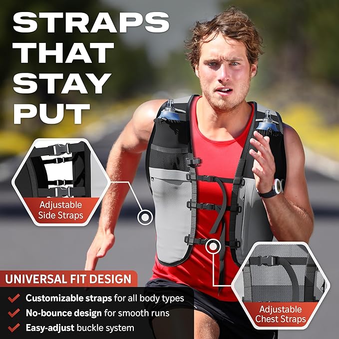 TakaFiTrail Running Hydration Vest Men - Breathable Trail Running Hydration Vest w/ 2 Water Bottles, Bladder Pouch, Ice Pack for Runners - Reflective Marathon Gear Jogging Backpack for Hiking