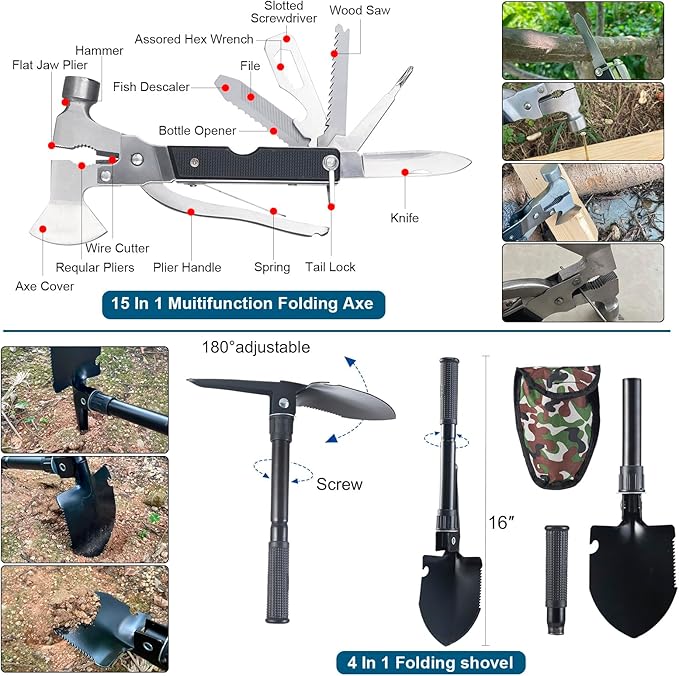254 in 1 Survival Kit, First Aid Kit Survival for Outdoor Emergencies Includes Hatchet, Shovel, Flashlight, Tools Ideal for Camping, Hiking, Travel Gift for Men