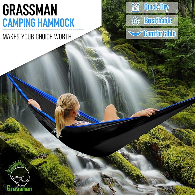 Grassman Camping Hammock Double & Single Portable Hammock with Tree Straps, Lightweight Nylon Parachute Hammocks Camping Accessories Gear for Indoor Outdoor Backpacking, Travel, Hiking, Beach