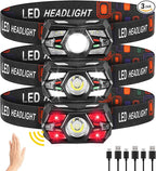 3Pack Headlamp Rechargeable, Super Bright Head Lamps LED Rechargeable, LED Headlight with Motion Sensor, Head Lights for Forehead with Red Light, Headlamps for Adults Kids Camping Essentials Running