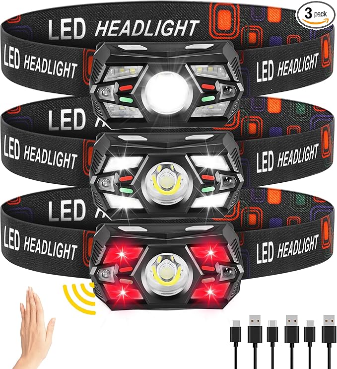 3Pack Headlamp Rechargeable, Super Bright Head Lamps LED Rechargeable, LED Headlight with Motion Sensor, Head Lights for Forehead with Red Light, Headlamps for Adults Kids Camping Essentials Running