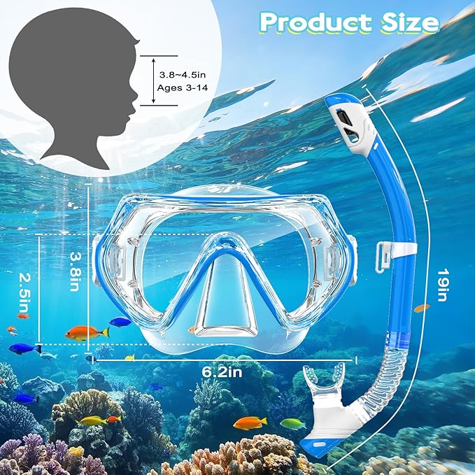 Snorkeling Gear for Kids, Kids Snorkel Set for Ages 3-14, Anti-Fog Diving Mask and Dry Top Snorkel Combo Set, Unisex Swimming Goggles