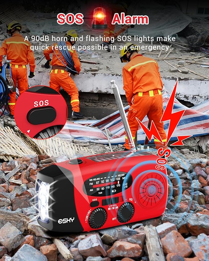 Esky Emergency Hand Crank Radio 7400mWh with 3 LED Flashlight, AM/FM/NOAA Portable Weather Radio with Power Bank Phone Charger, Solar Powered Rechargeable Radio for Indoor Survival Camping, SOS Alarm