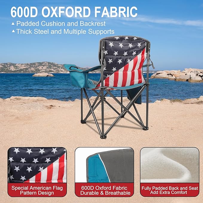 Colorsoul Oversized Folding Camping Chair, Outdoor Padded Camping Chair Support 300 LBS with Cup Holder and Cooler Bag, Portable Lawn Chair for Beach Picnic Sports, (Blue)