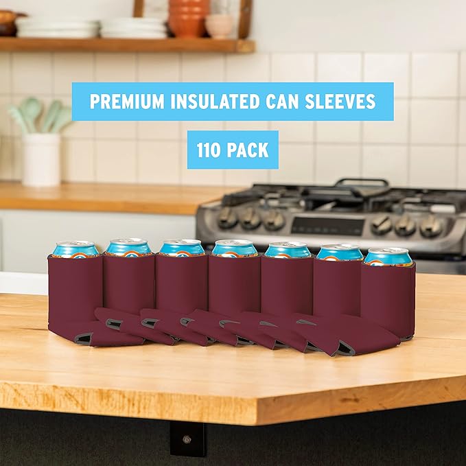Blank Beer Can Cooler Sleeves (110-Pack) Soft Insulated Beer Can Coolies - HTV Friendly Blank Koolies in Bulk for Beer Cans & Bottles - Coolie Blanks for Vinyl Projects & Wedding Favors (Burgundy)