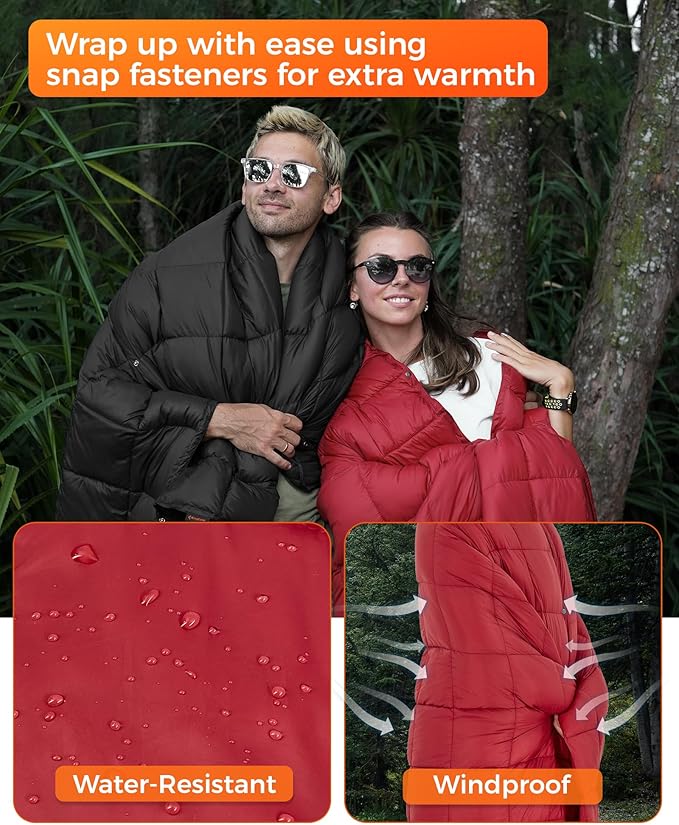 KingCamp Ultralight Camping Blanket, Packable Down Alternative Puffy Wearable Blankets Weatherproof Warm Package Quilt with Snap Buttons for Outdoor Hiking Travel Picnic Stadium (69"L x 53"W, CRIMSON)