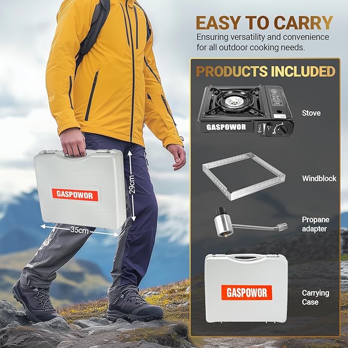 Propane or Butane Stove, Dual Fuel Propane Stove for Camping, 10,000 BTU Automatic Ignition Portable Camping Stove with Carrying Case & Windblocker & Griddle for Hiking(Fuel Not Included)