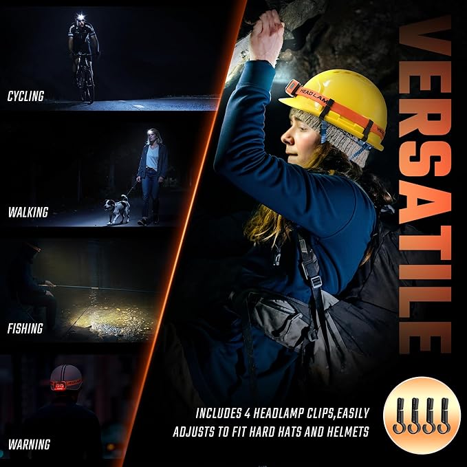 DARKBEAM LED Headlamp High Lumens USB Rechargeable Dual Light Headlight for Hardhat with Motion Sensor, Red Warning Light Up/Down Adjustable, Waterproof Head Lamps for Camping, Car Maintenance