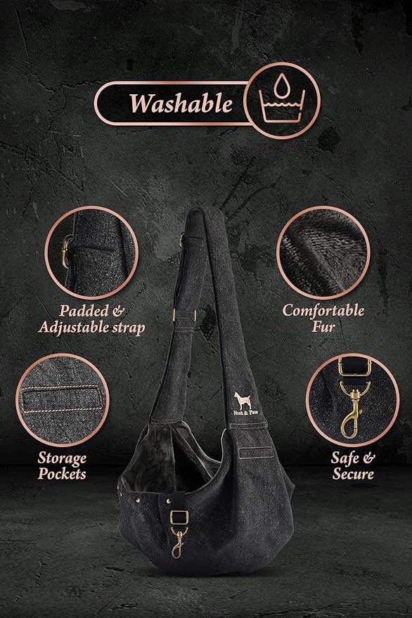 Noah & Paw Dog Sling Carrier for Small Dogs 3-10lb, Dog Sling for Small Dogs and Cats, Dog Carrier with Adjustable Padded Strap, Premium Denim, Lined with Fur, Double Safety Feature, Machine Washable