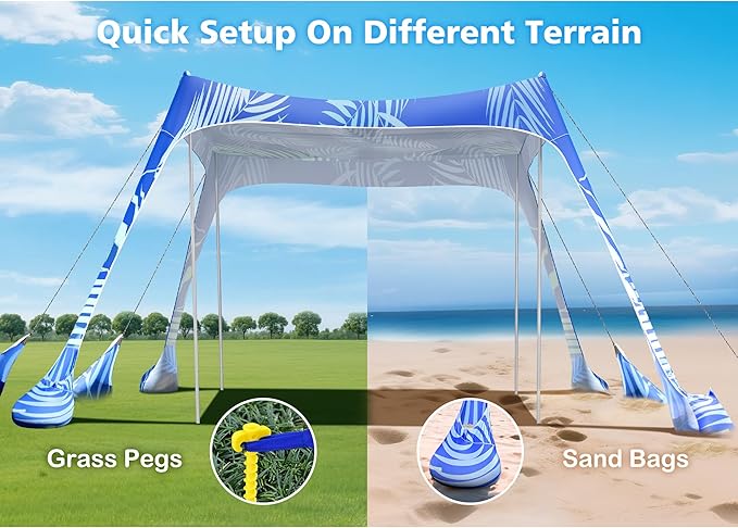 2PM SPORTS Beach Tent Canopy with UPF50+ UV Protection, Outdoor Large Beach Sun Shade Shelter for Family Picnic Camping Travel Shore Fishing, 8 Sandbags, Sand Shovel (Areca Palm, 10x10 FT)