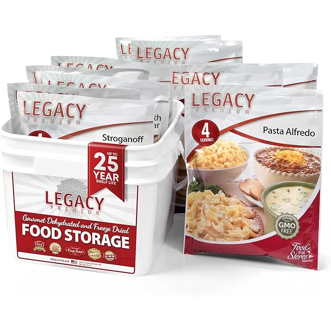 Legacy Food Storage 32 Serving Emergency Food Supply Bucket, 8 Entrees, 12,440 Total Calories, Shelf Stable Lunch & Dinner, Freeze Dried Survival Meals for MRE Camping, Hiking, Prepping