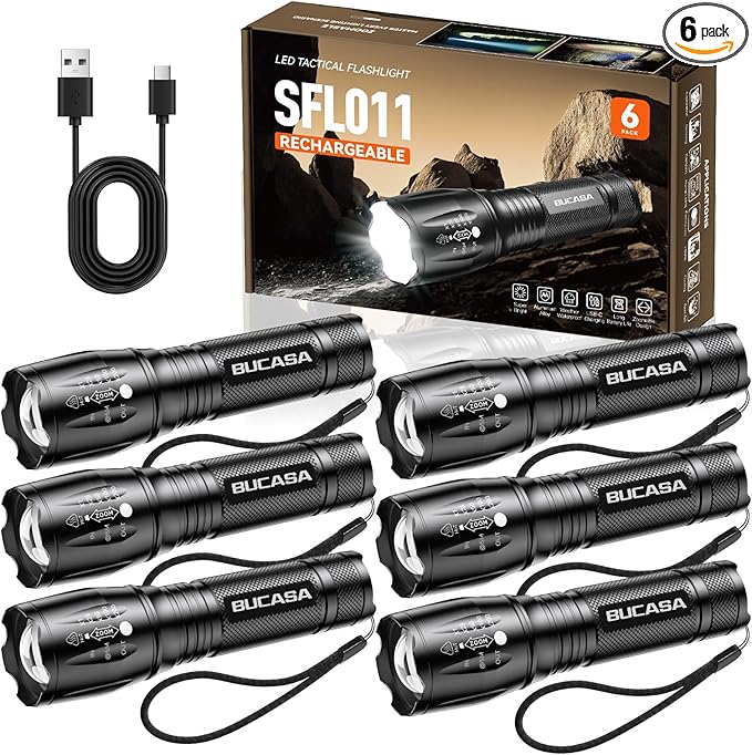 Rechargeable Flashlights High Lumens 6 Pack, Brighter Small Flashlight Powerful Tactical Flashlights Rechargeable, Waterproof LED Flashlight with 3 Zoomable Modes for Camping Emergency