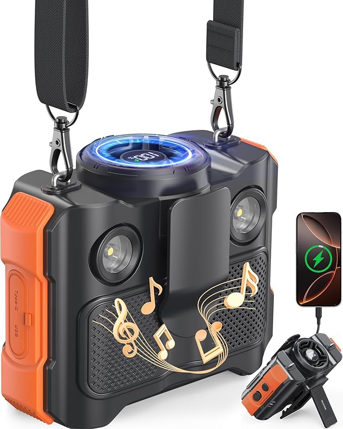 BLAVOR Portable Waist Fan, 5 Speeds Rechargeable Fan with Bluetooth Speaker & Flashlight, 40H Runtime, 16000RPM Strong Airflow, Personal Cool Clip Fans Under Shirt Belt for Outdoor, Work, Camping