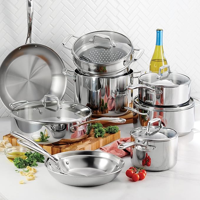 Tramontina Tri-Ply Clad Stainless Steel 14-Piece Cookware Set with Glass Lids, Pots and Pans Kitchen Set, Induction-Ready, Dishwasher-Safe, Made in Brazil