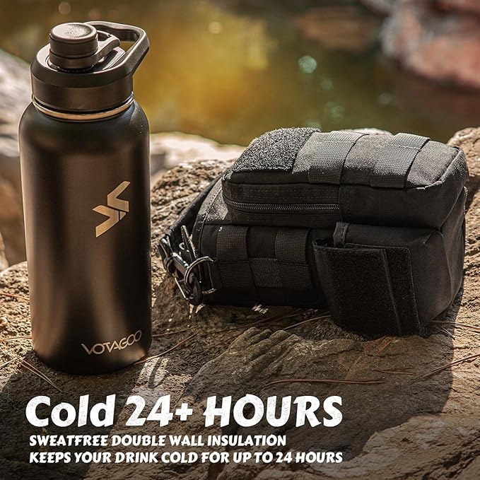 32 Oz Insulated Water Bottle - Stainless Steel Tactical Flask With Straw Lid & Chug Cap, Metal Military Water Bottle With Rugged, Removable Sleeve Can Place Items for Hiking Camping Hunting