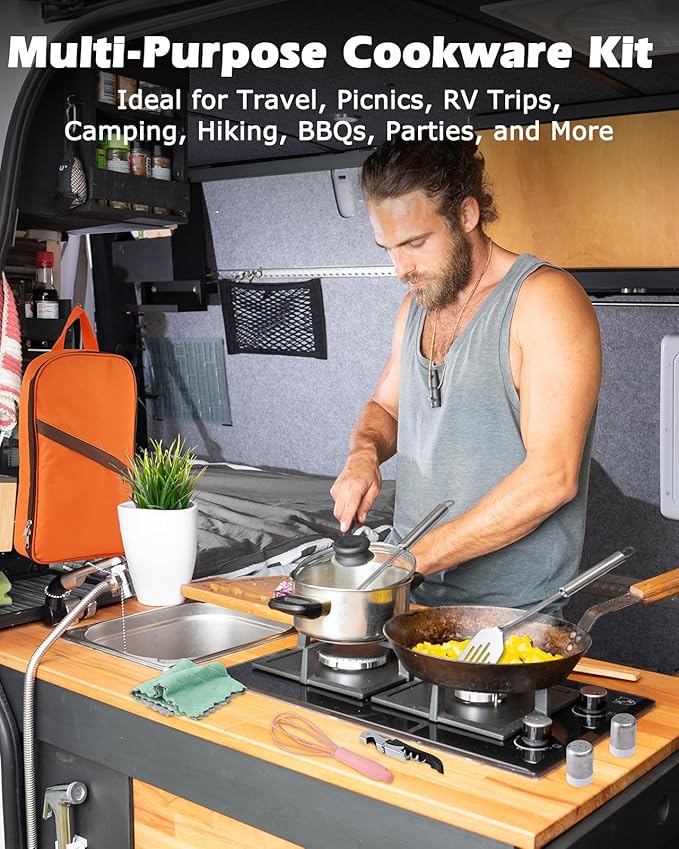 Camping Cooking Set - Camping Utensil Set Car Camping Cooking Essentials Gear for Camp Kitchen Cooking and Grilling, Stainless Steel & Silicone Ideal Gift for RV Tent Camper, Picnics, BBQs