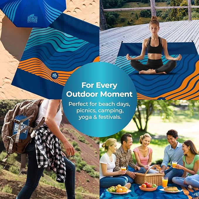 Sandproof Waterproof Beach Blanket Extra Large 108"x 84", Mat for Family, Quick Dry Ripstop Nylon Lightweight, Compact for Travel, Picnic, Camping w/ 4 Anchor Stakes and Carry Bag