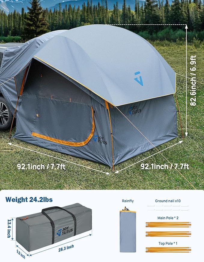 JOYTUTUS SUV Tent for Camping with Rainfly, Double Door Design Car Tent with Aluminum Poles, SUV Tailgate Tent with Waterproof PU2000mm Double Layer for 4-8 Person, Orange