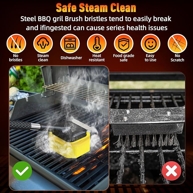 Bristle-Free Steam Cleaning Grill Brush, Safe for All Grill Griddle, Heat-Resistant Head, BBQ Grilling Gift for Men