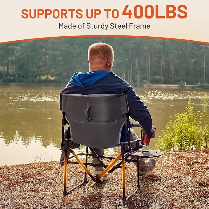 TIMBER RIDGE Heavy Duty Aluminium Heated Camping Chair with Compact Size, Portable Directors Chair Supports Up to 400lbs with Side Table and Pocket for Camping, Lawn, Sports (Power Bank not Included)