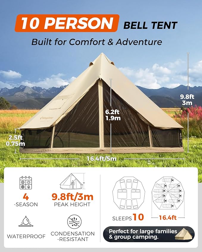 KingCamp Canvas Bell Yurt Tents, 4 Seasons Large Waterproof & Windproof Luxury Glamping Tent w/Stove Jack for Family Outdoor Camping, Hunting, Parties