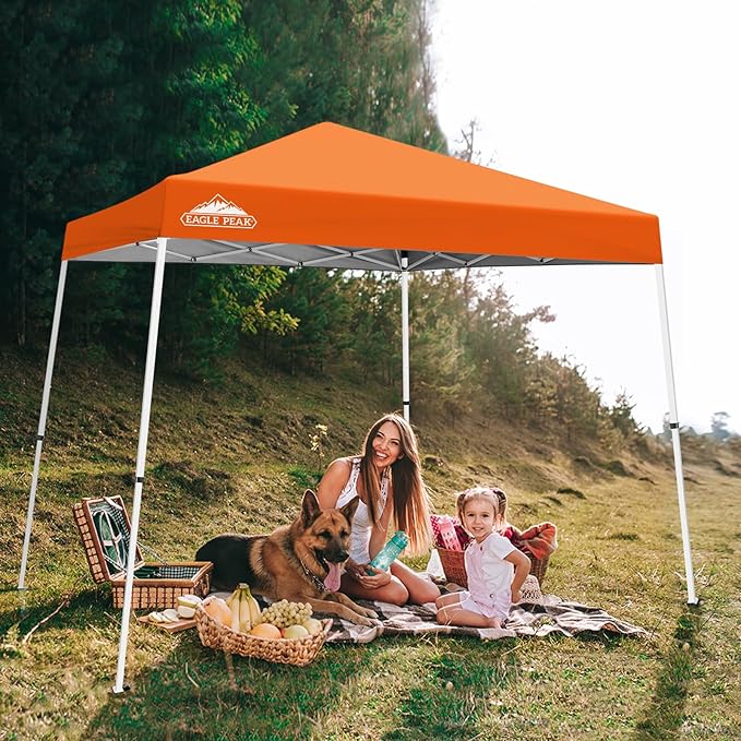 EAGLE PEAK 10x10 Slant Leg Pop-up Canopy Tent Easy One Person Setup Instant Outdoor Beach Canopy Folding Portable Sports Shelter 10x10 Base 8x8 Top (Orange)