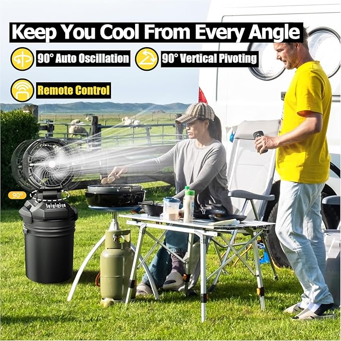 PANERGY Portable Misting Fan for Outdoors-30000mAh Rechargeable Battery, 4-Speed Fan,4 Spray Modes,10-13 Inch Bucket Compatible,Auto Oscillation&Adjustable Tilt,Remote Control for Camping/Beach/Patio