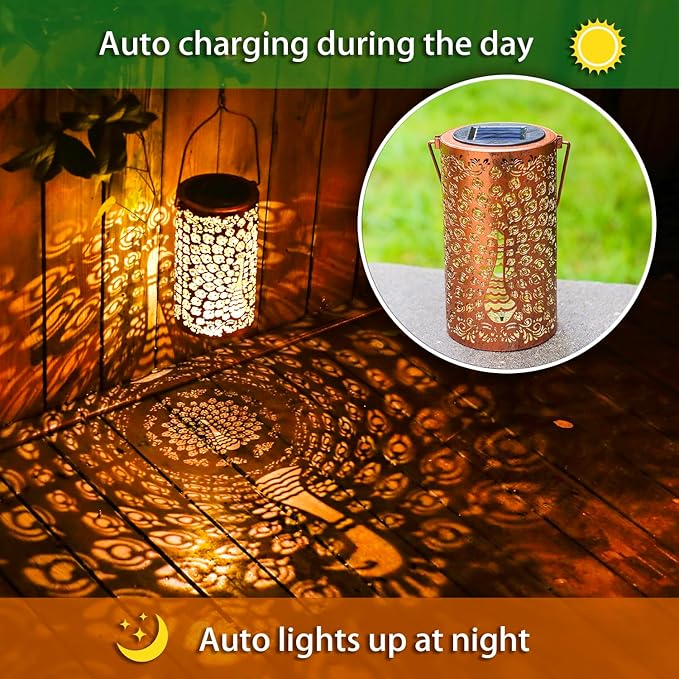 Peacock Solar Lanterns Outdoor Waterproof Hanging Solar Lights Peacock Gifts for Women Men Metal Decorative LED Lanterns for Yard, Patio, Lawn, Tabletop, Pathway, Landscape, Garden Decor