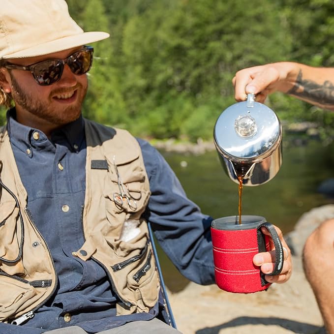 GSI Outdoors Percolator Coffee Pot I Glacier Stainless Steel with Silicone Handle for Camping, Backpacking, Travel, RV & Hunting - Stove Safe