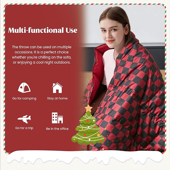 puredown® Lightweight Checkered Couch Throw Soft Feather Down Throw Blanket for Indoor and Outdoor Use, 50"X70", Black and Red