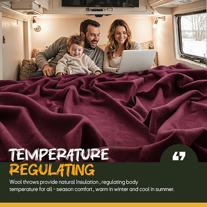 Merino Wool Blend Camping Blanket Ultra Warm, Moisture Wicking, Portable Outdoor Blanket for Camping, RV Trips, Adventures, Picnic, Bushcraft Survival Kits, Large 86"x62"