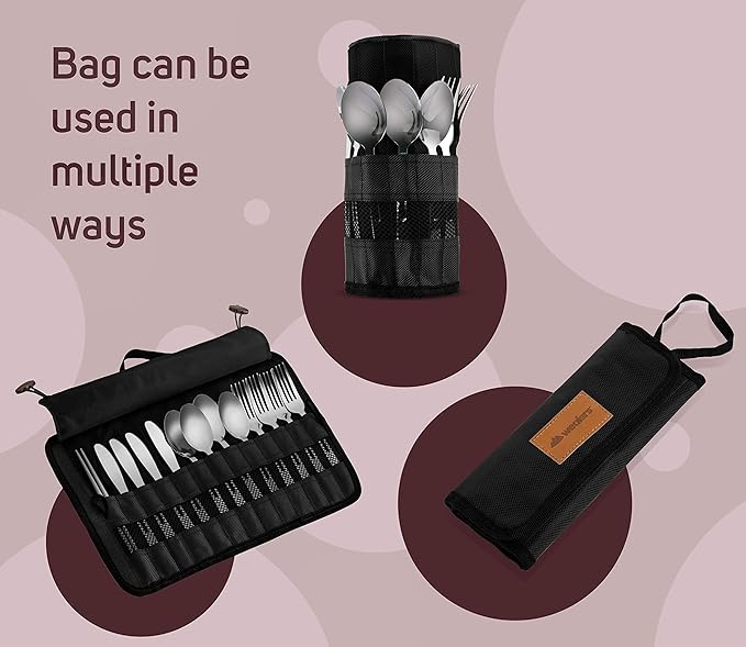 13 Piece Stainless Steel Family Cutlery Picnic Utensil Set with Travel Case for Camping | Hiking | BBQs - Includes Forks | Spoons | Knifes | Chopstick, Plus Nylon Commuter Case (Black)